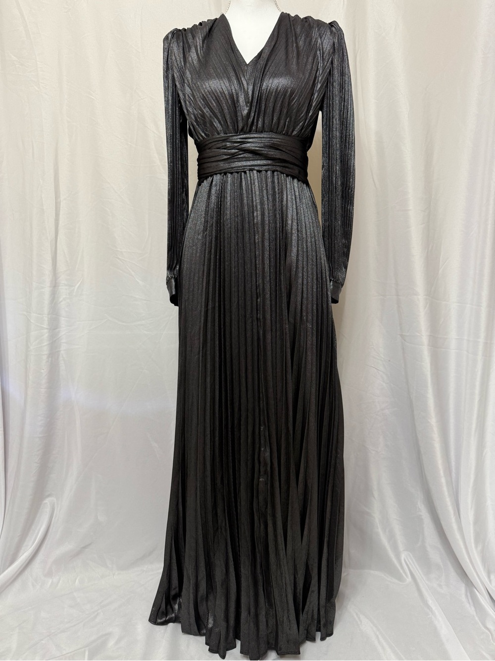 Express Elegant Metallic Grey Pleated Maxi Dress